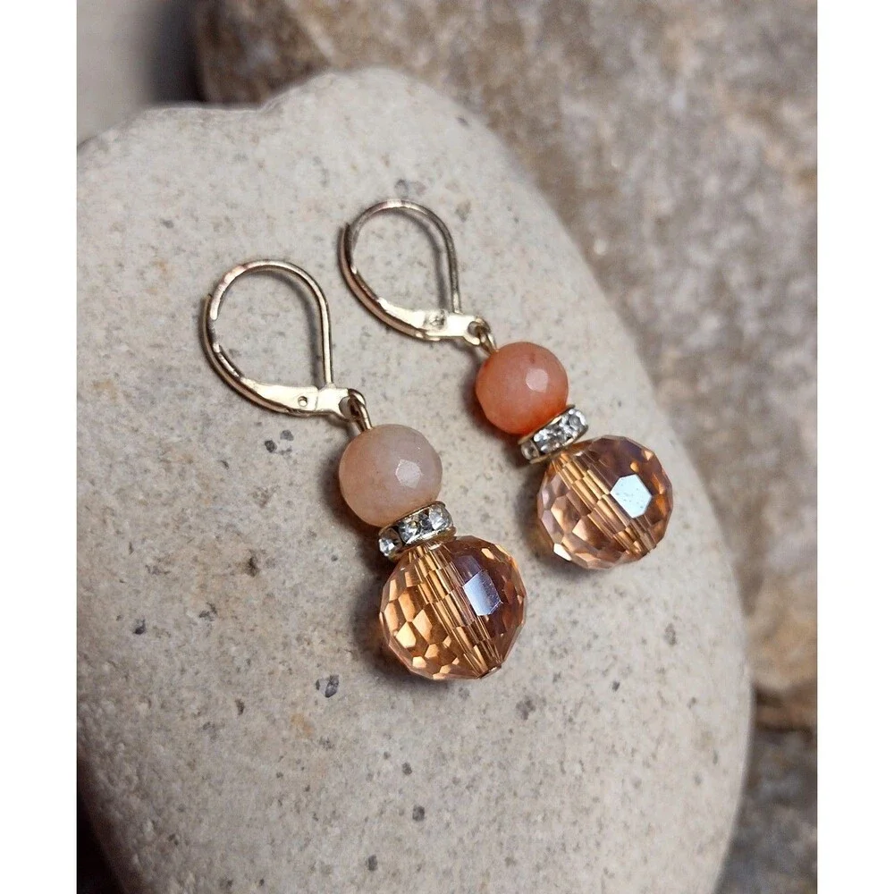 Vintage Peach Quartz Crystal Gold tone Dangle Earrings